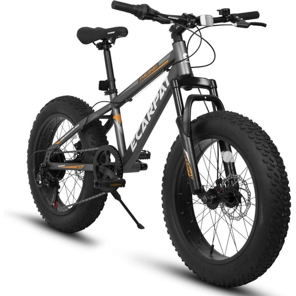 20 Inch Fat Tire Mountain Bike for 7-15 Years Old, 7 Speed Kids Mountain Bike with Front Suspension and Dual Disc Brake, High Carbon Steel Frame Mountain Bicycle Gift for Boys Girls, Grey-Orange