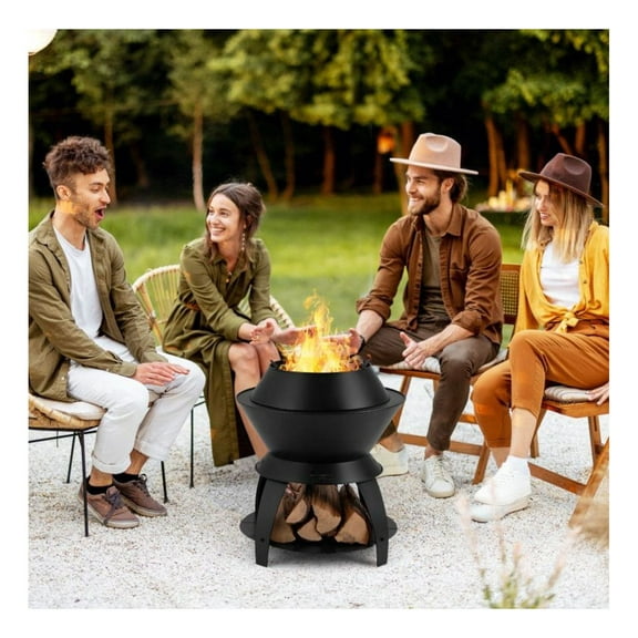 20 Inch Fire Pit Metal Camping Fire Bowl, Portable Outdoor Wood Burning Fireplace with Pot Holder & Storage Shelf, Smokeless Campfire for Patio, Backyard, BBQ, Black