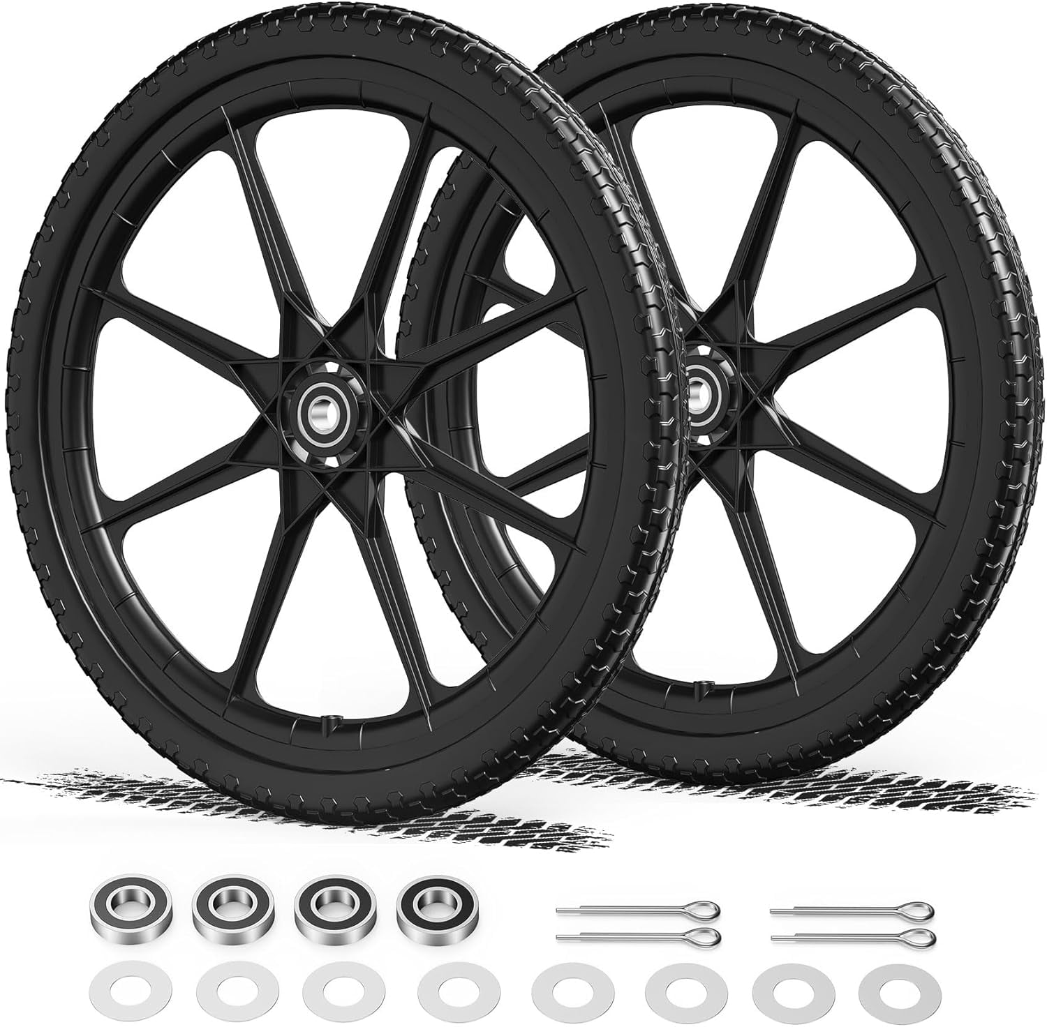 20 Inch Flat Free Wheelbarrow Wheels Compatible with rubbermaid Cart with 3/4 Inch and 5/8 Inch Bearings, Compatible with rubbermaid Wheelbarrow Wheels Garden Yard Carts, 2 Pack Black