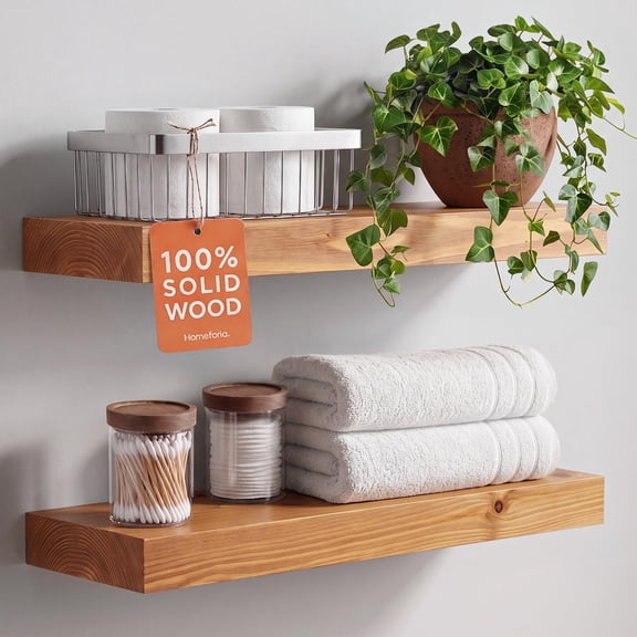 20 Inch Floating Shelves, High-End Solid Pine Wood, Set of 2 | Natural Finish, Holds Up To 50 Lbs Per Shelf, Hidden Brackets, Hardware Included, 20 x 6.5 x 1.75 Inch
