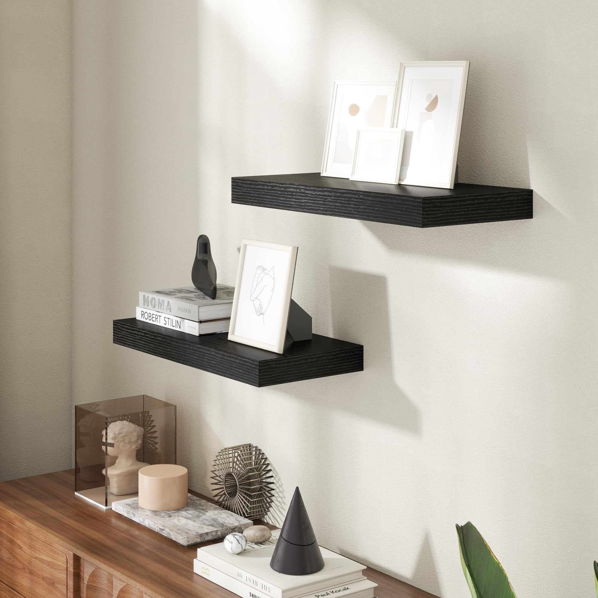 20 Inch Floating Shelves For Wall  8 Deep Shelf Storage & Display Rustic Mounted With Invisible Brackets Living Room Kitchen Bathroom Home Decor Set Of 2 Black