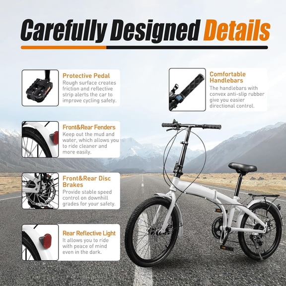 20-Inch Folding Bike, 7-Speed Foldable Bicycle with Disc Brakes & Fenders, Compact, Easy Storage for City Commuting