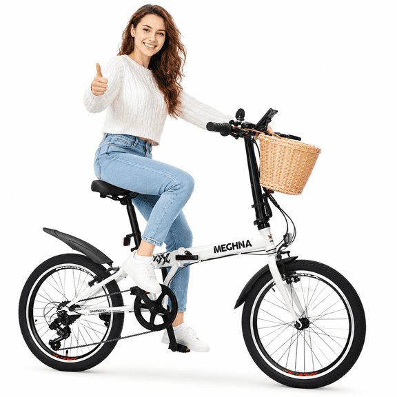 20 Inch Folding Bike for Adults with Basket & Phone Holder, 6-Speed City Commuter Bicycle with Dual V-Brakes and Fenders, Portable Compact Steel Frame Folding Bicycle for Men and Women, White