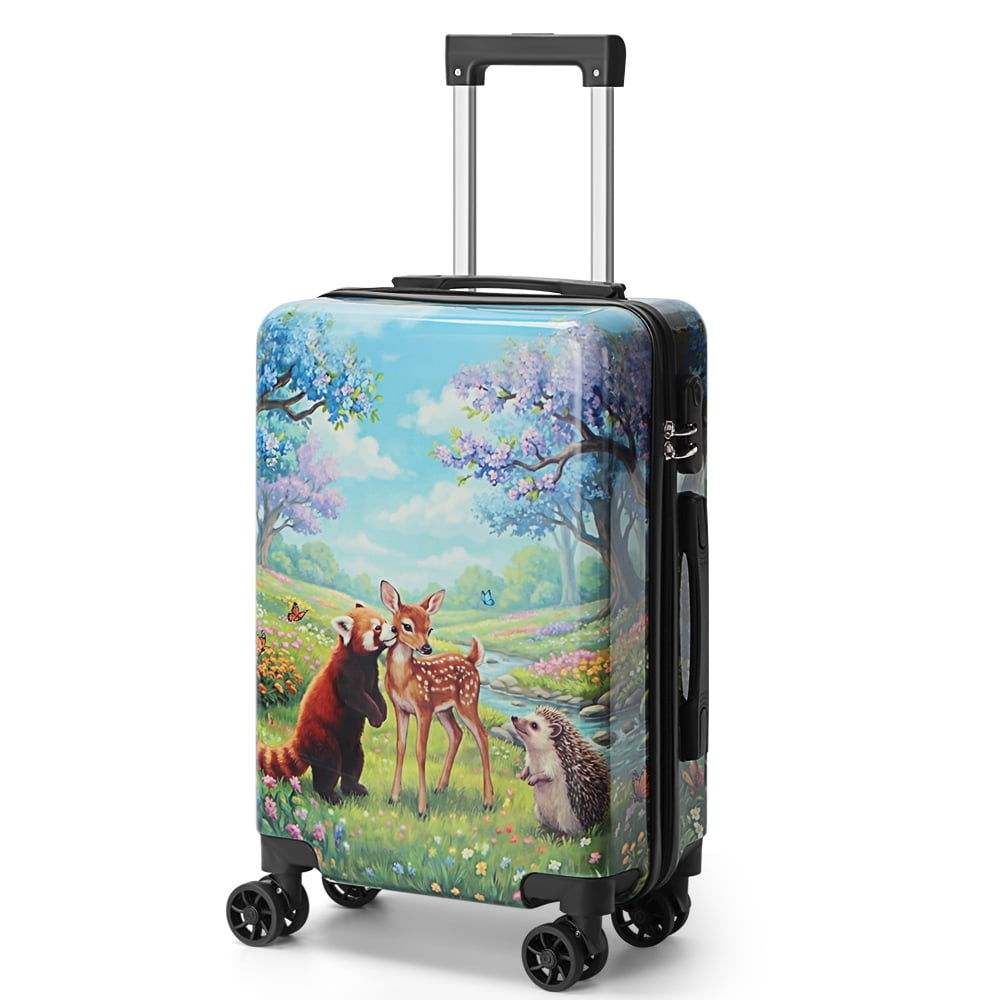 20 Inch Forest Animal Print Carry-On Luggage, Lightweight PC Hardshell Suitcase with 360° Spinner Wheels, Cute Travel Luggage with Clear Protective Cover for Women Kids