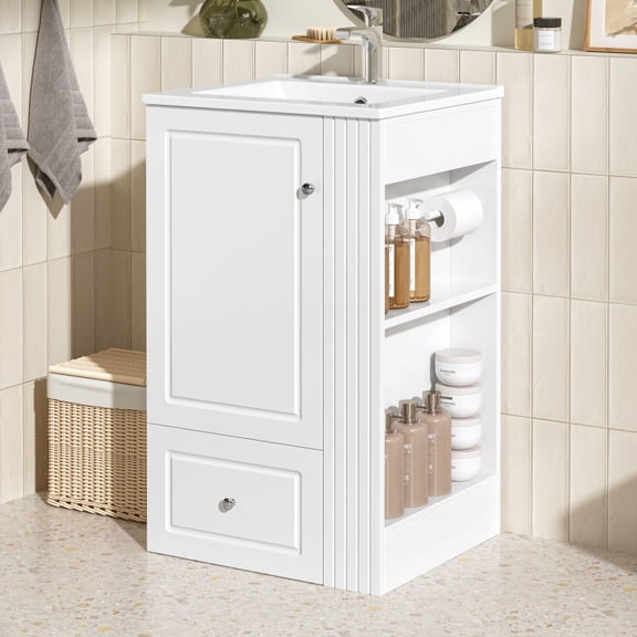 20-Inch Freestanding Bathroom Vanity with Ceramic Sink and Single Faucet Hole, MDF Storage Cabinet with Soft-Close Drawer, Open Side Shelves with Pinewood Towel Bar, Modern Style for Small Compact Ba