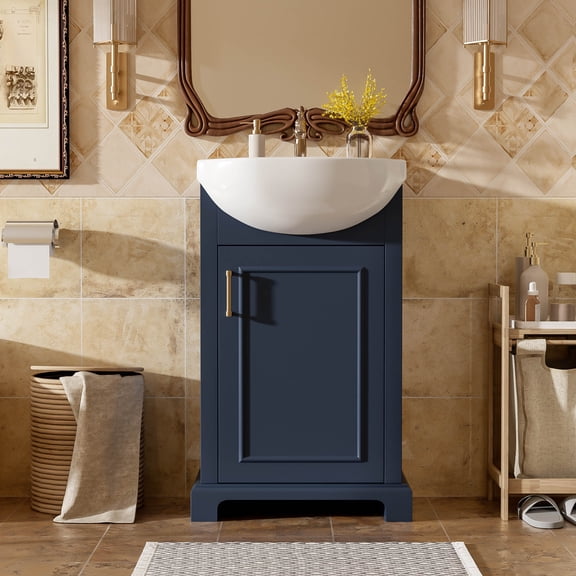 20-Inch Freestanding Bathroom Vanity with Bulged Ceramic Basin, Soft-closing Door and a Shelf