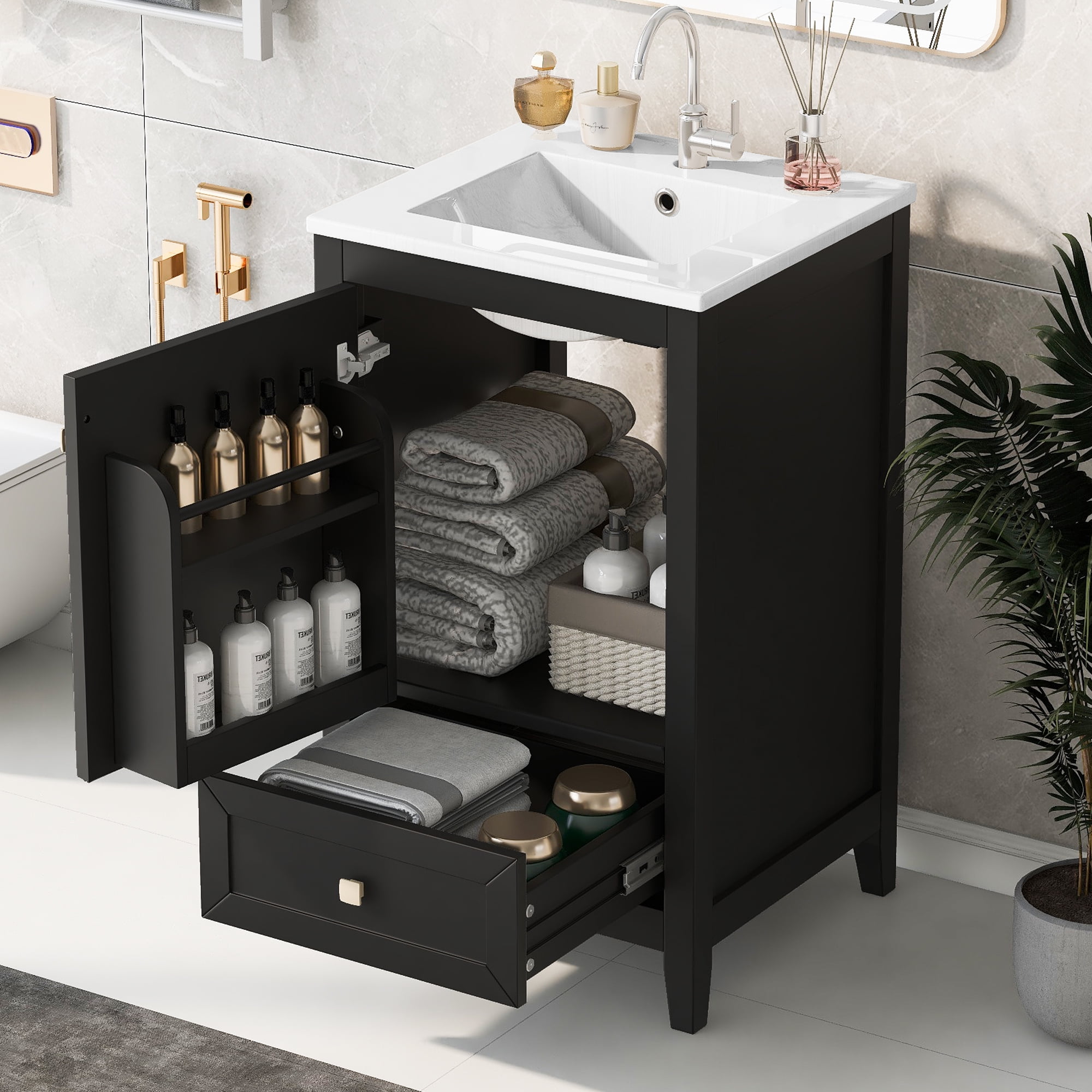 20 Inch Freestanding Black Bathroom Vanity with Ceramic Sink, Modern MDF Cabinet with Soft Close Door & Drawer, Stainless Steel Hardware Single Hole Vanity Top for Bathroom Storage, Max 100 LBS