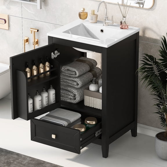 20 Inch Freestanding Black Bathroom Vanity with Ceramic Sink, Modern MDF Cabinet with Soft Close Door & Drawer, Stainless Steel Hardware Single Hole Vanity Top for Bathroom Storage, Max 100 LBS