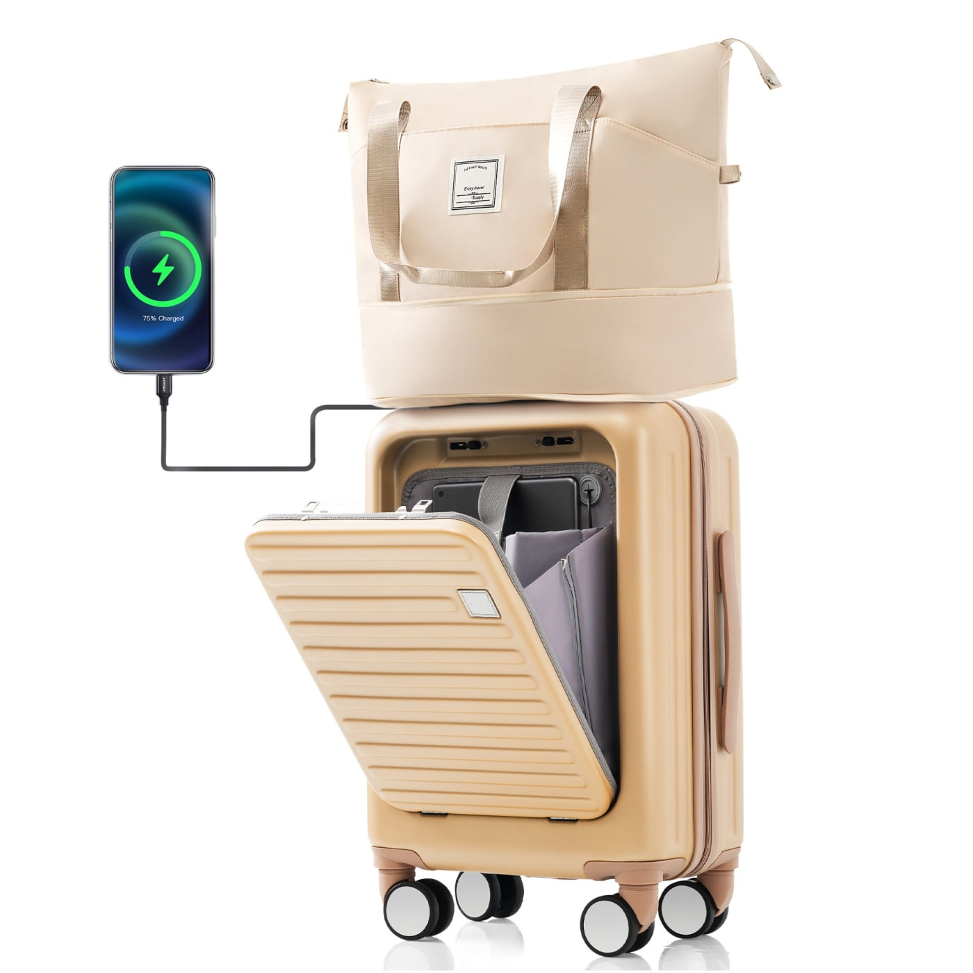 20-Inch Front Opening Carry-On Luggage with Expandable Travel Bag