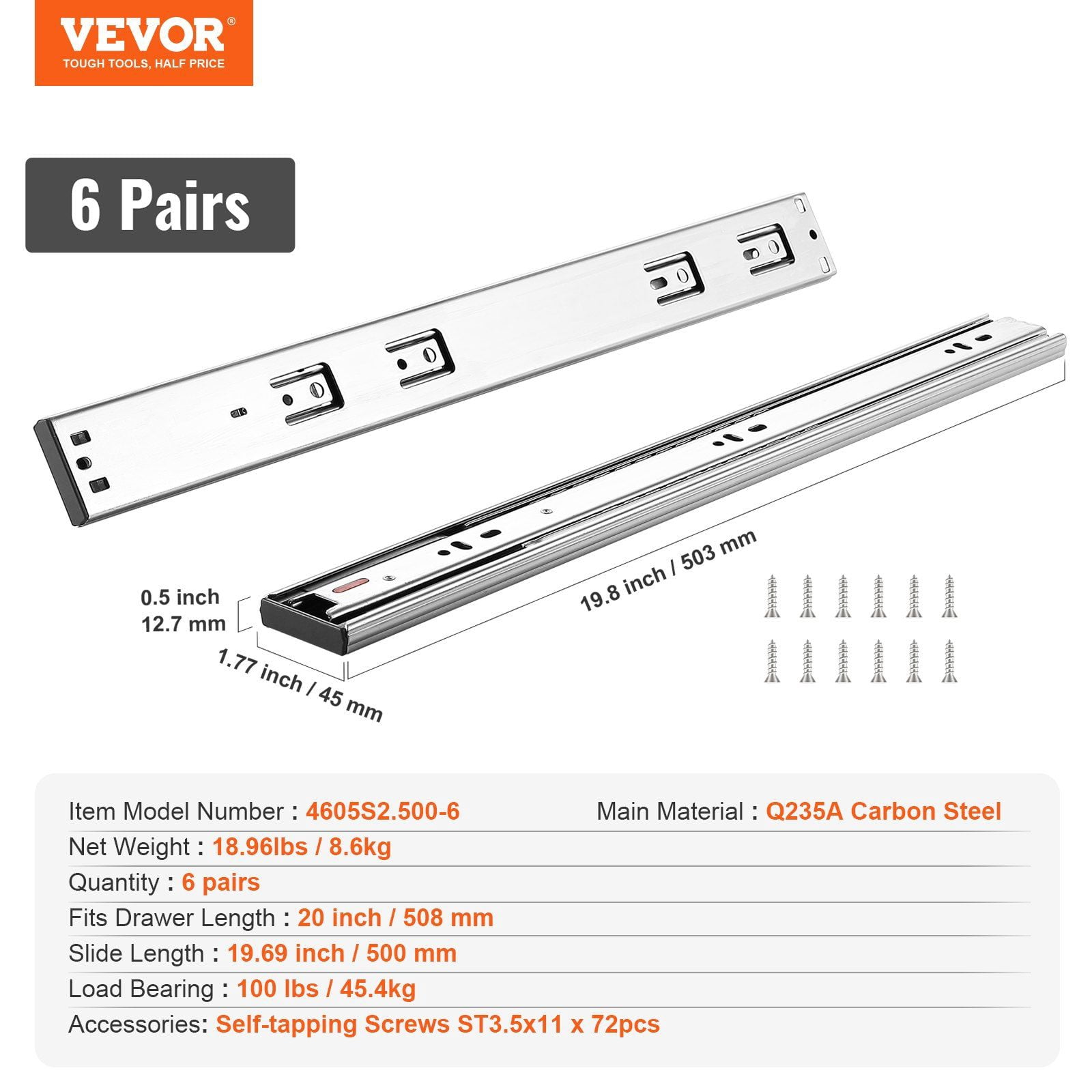 20 Inch Full Extension Drawer Slides Side Mount, 6 Pairs Heavy Duty ...
