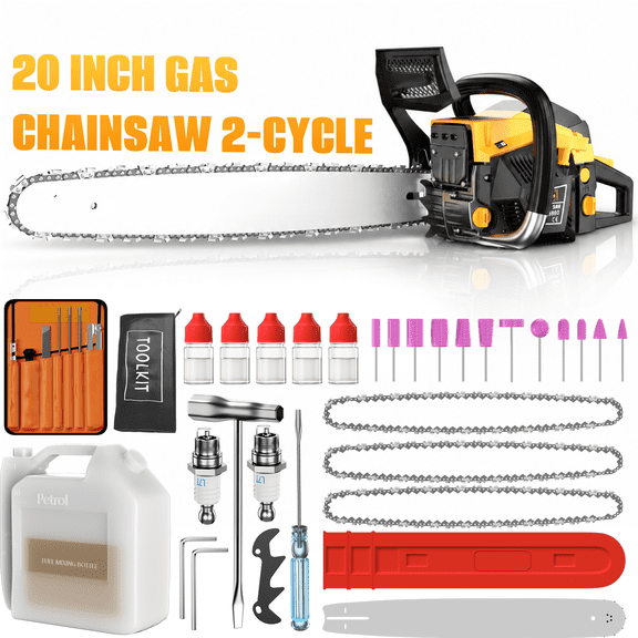 20 Inch Gasoline Chainsaw, 2-Stroke High Power Gas Chainsaw with Shock-Absorbing Handle, Low Noise Heavy Duty Wood Cutting Tool for Farm, Ranch & Logging