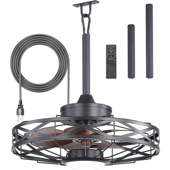 20 Inch Gazebo Fans Outdoor , Black Caged Ceiling Fan with Light & Remote, Quiet DC , Walnut , Reversible Weatherproof Outdoor Ceiling Fans for Outside Patio Pergola Porch