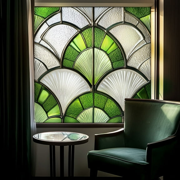 20 Inch Green Fan-Shaped Stained Glass Window Film, Art Deco Static Cling Privacy Decal, No-Adhesive Window Sticker Home Decor for Bathroom Kitchen Sliding Doors