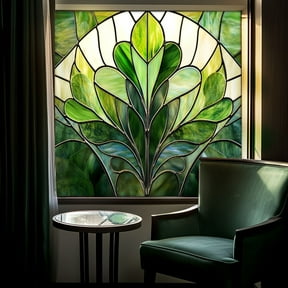 20 Inch Green Fan-Shaped Stained Glass Window Film, Art Deco Static Cling Privacy Decal, No-Adhesive Window Sticker Home Decor for Bathroom Kitchen Sliding Doors
