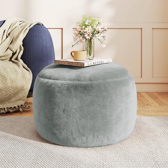 20 Inch Grey e Modern Foam Filled Round Stuffed Pouf Ottoman, Soft Floor Foot Rest Stool Chair for Living Room, Nursery & Dorm Household Use