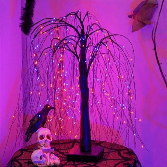 20 Inch Halloween Willow Tree with LED Lights Black Wicker Branch Tree Outdoor Indoor Table Decor Spooky Halloween Decorations Fiber Optic Lighting, Battery Powered (Not Included)
