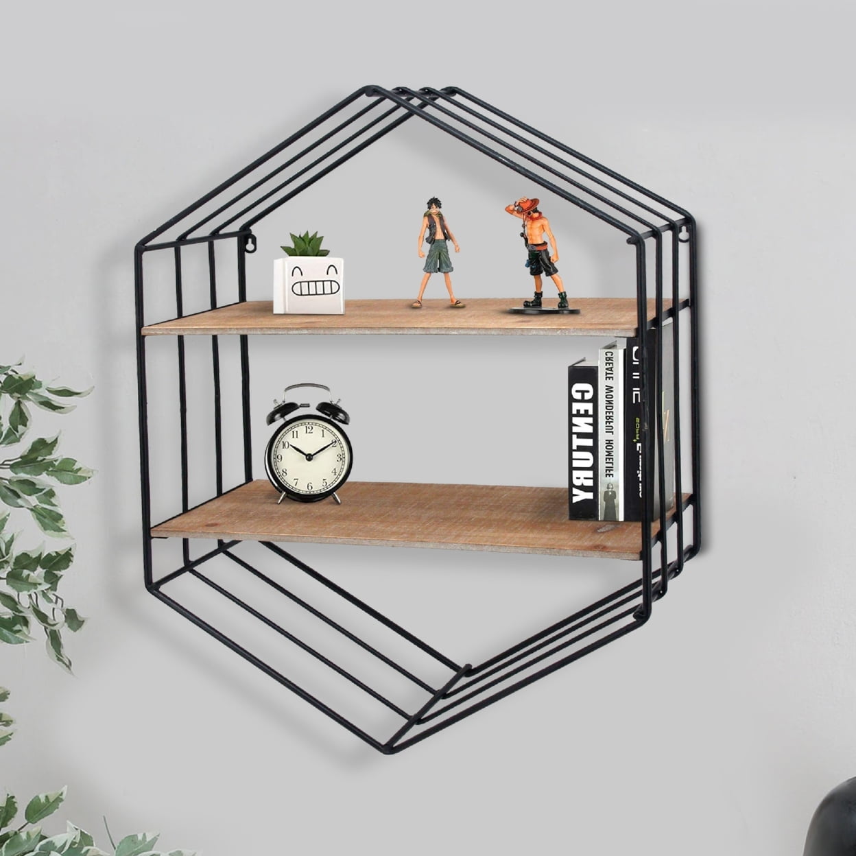 20 Inch Hexagonal Metal Frame Wall Shelf with 2 Display Cases, Brown