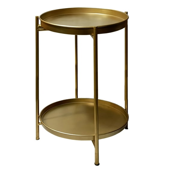 20 Inch High Round Side End Table with 2 Tier Iron Frame Matte Gold - Saltoro Sherpi