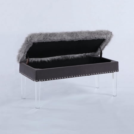 20 Inch Horice Faux Fur Nailhead Storage Bench with Acrylic Leg Grey