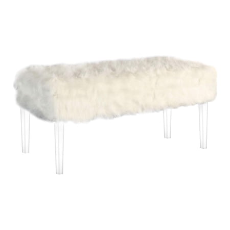 20" Tall "Beverly" Mid-Century Modern Tufted Upholstered Storage Bench with Acrylic Legs, White with Faux Fur