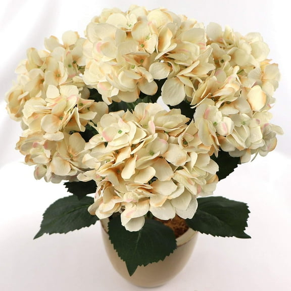 20-Inch Hydrangea Bush with 7 Heads Beige Artificial Silk Flower Bouquet for Home, Wedding & Event Dcor
