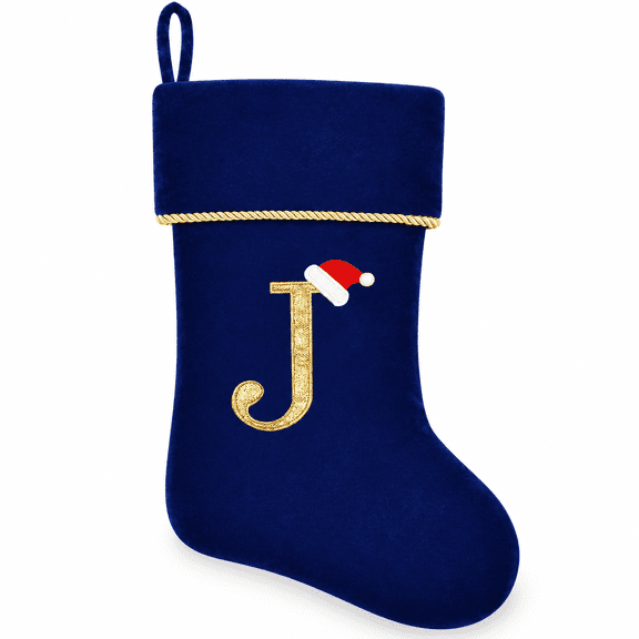 20 Inch Initial J Christmas Stocking, Blue Velvet Monogram Holiday Stocking with Gold Trim and Hanging Loop for Fireplace Mantel Decor