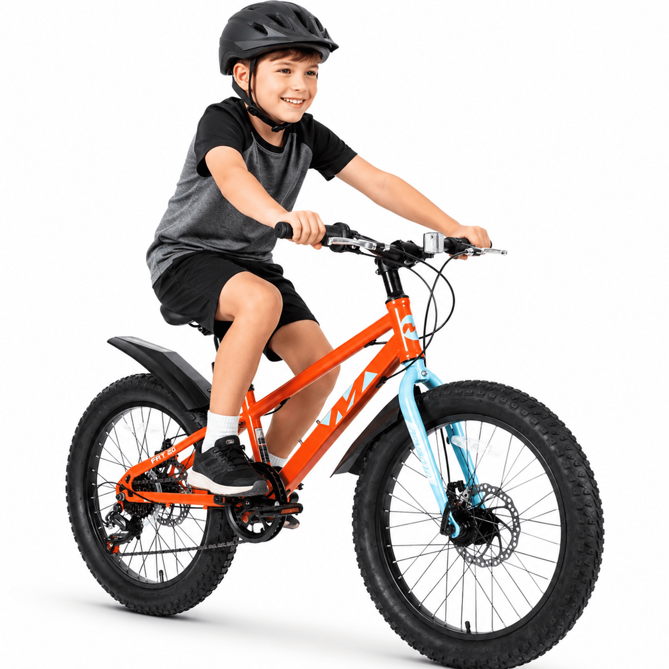 20 Inch Kids Mountain Bike with 3.0 Fat Tires, 7-Speed Drivetrain and Dual Disc Brakes, High-Carbon Steel Frame Children’s Bicycle for Boys and Girls Ages 5-12, Orange
