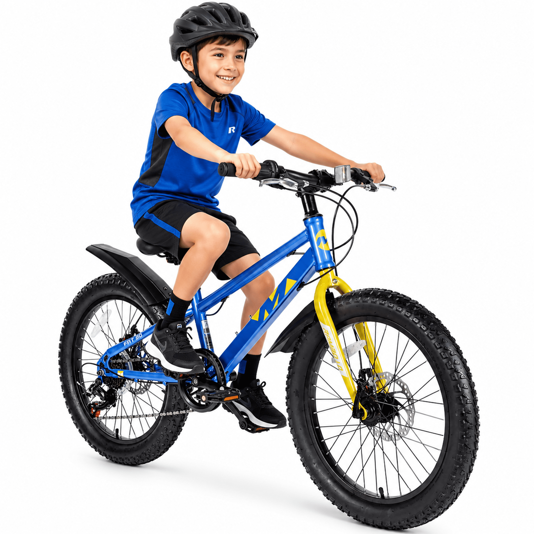 20 Inch Kids Mountain Bike for Boys and Girls Ages 5-12, 7-Speed Fat Tire Bicycle with Dual Disc Brakes and Suspension Fork, Blue Children’s Outdoor Bike for Sand, Snow, and Trail Riding
