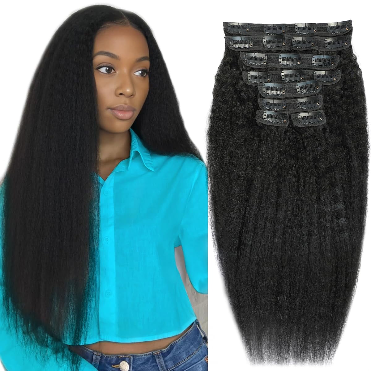20 Inch Kinky Straight Clip in Hair Extensions Seamless Clip ins Hair