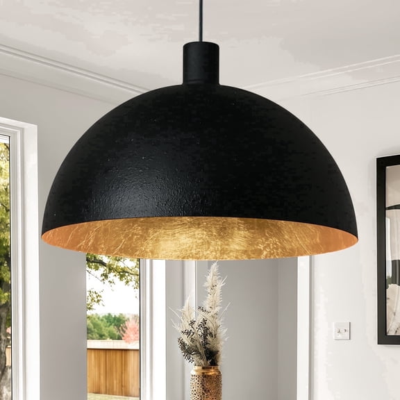 20 Inch Large Black Chandelier Dome, Bold Matte Black and Gold Pendant Light with Luxe Glow, Hanging Fixture for Dining Room, Kitchen Island, or Foyer