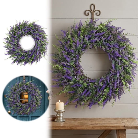 20 Inch Large Eucalyptus and Lavender Wreath for Front Door Porch Window, Artificial Eucalyptus Leaves with Lavender Wreath for Home Farmhouse Wall Decor - Spring Summer Fall All Seasons Use
