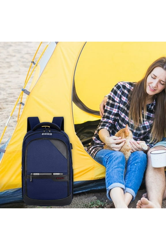 20 Inch Large Linen USB Laptop Rucksack, Adjustable Padded Mesh Backpack Fits 16 Inch Notebook, Dark Blue