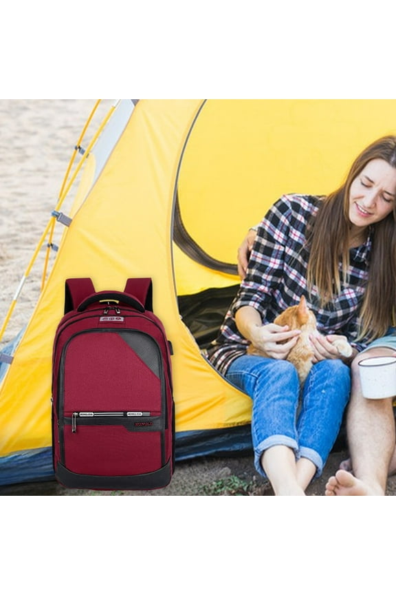 20 Inch Large Linen USB Laptop Rucksack, Adjustable Padded Mesh Backpack Fits 16 Inch Notebook, Red