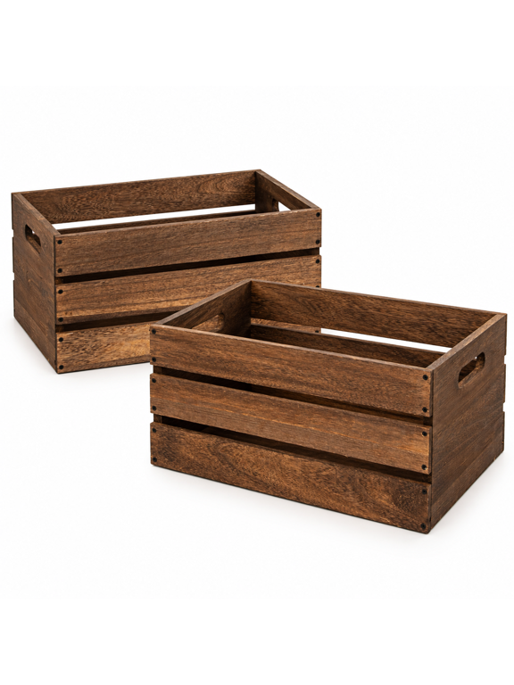 20 Inch Large Wooden Storage Crate, 55L Paulownia Wood Milk Crate, Rustic Vintage Brown Farmhouse Storage Box for Vinyl Records, Books, Clothes and Home Organization