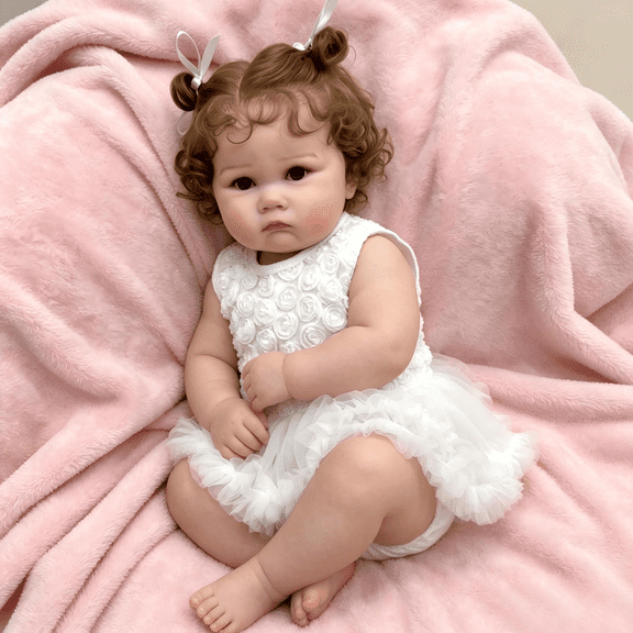 20 Inch Lifelike Reborn Doll, Soft Vinyl Newborn Baby Doll with Hand Rooted Curly Hair & Sweet White Floral Tulle Dress, Perfect For Kids Daily Play, Display& Collection, Holiday/ Birthday Gift