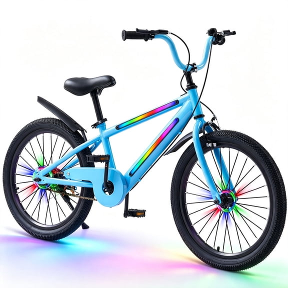 20 Inch Lighted Kids Bike for Boys & Girls,Kids Bicycle with 4 LED Light Modes 8 Colors Frame and Kickstand for 7-12 Years Old