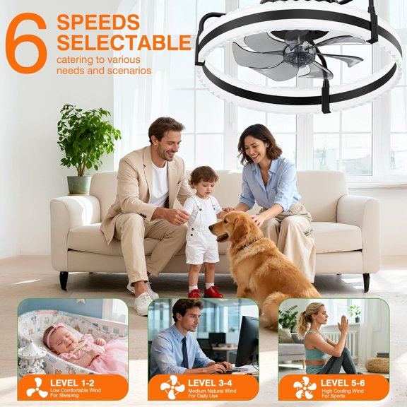 20 Inch Low Ceiling Fan with Lights, Dimmable LED Fandelier, 6 Speed Reversible Motor, Remote & App Control for Bedroom