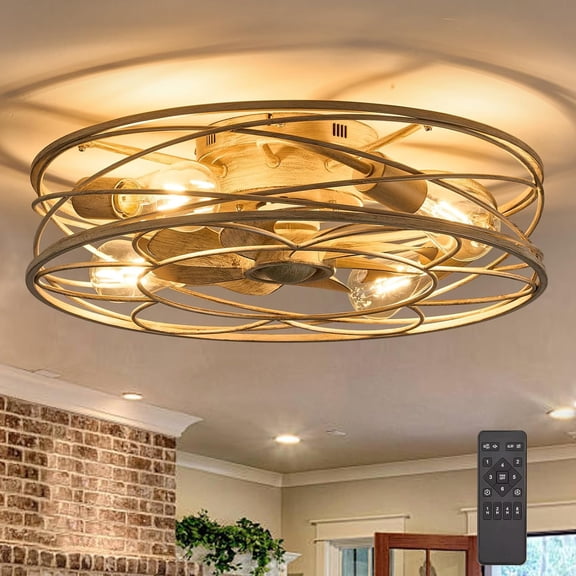 20 Inch Low Profile Caged Ceiling Fan with Light and Remote, Flush Mount, Noiseless DC Motor, Reversible, 6 Speed with Timer, Rustic Bladeless Cage Design for Bedroom Kitchen Dining Room