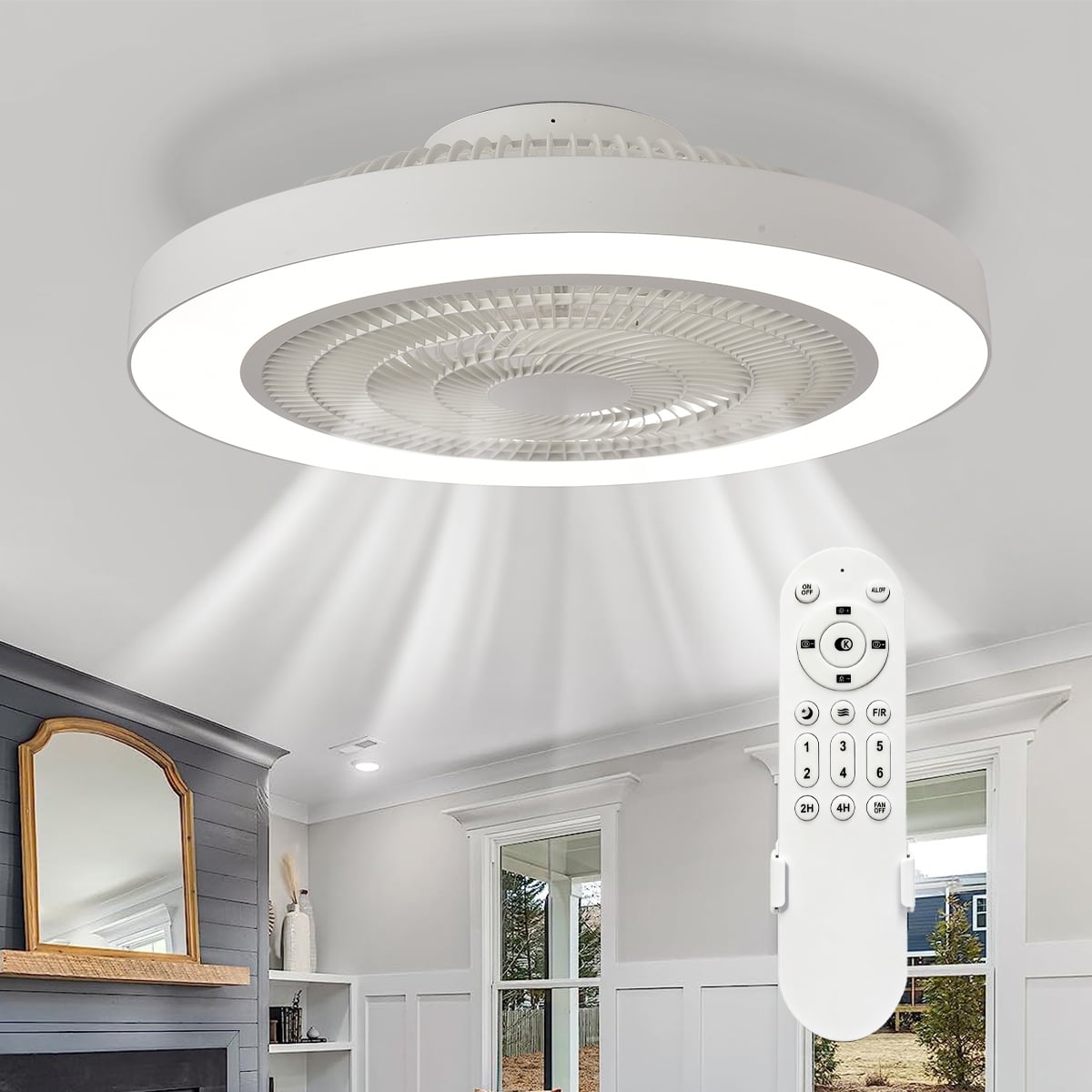 20 Inch Low Profile Ceiling Fan With Light, Led Bladeless Ceiling Fans, Remote Control Enclosed Flush Mount Ceiling Fan With Timming, 3000-6000K, 6 Wind Speed, 3000LM,White
