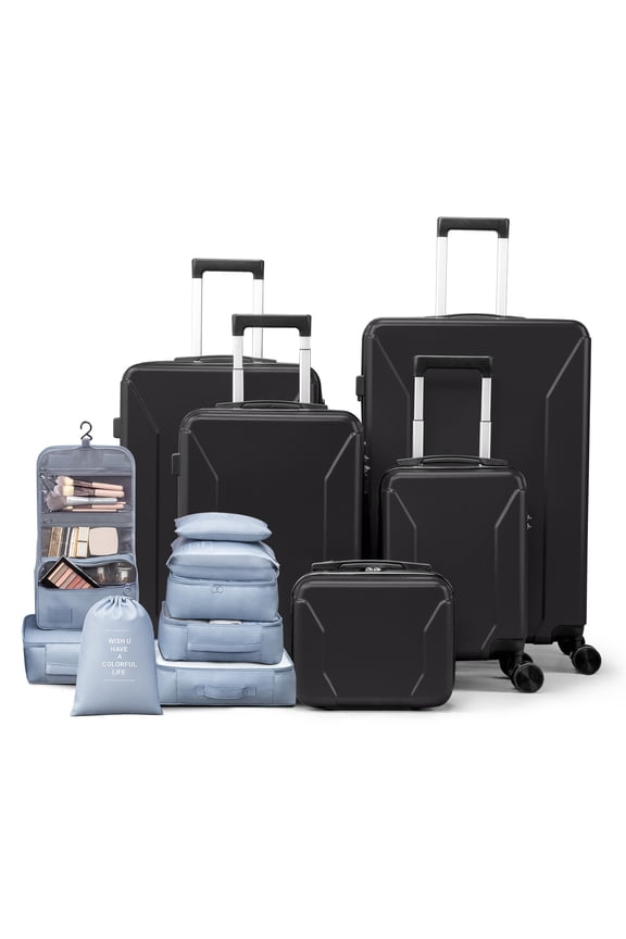 5-Piece Luggage Set with 8 Packing Cubes, Hard Shell Suitcase Set with Spinner Wheels Built-in TSA Lock, Black