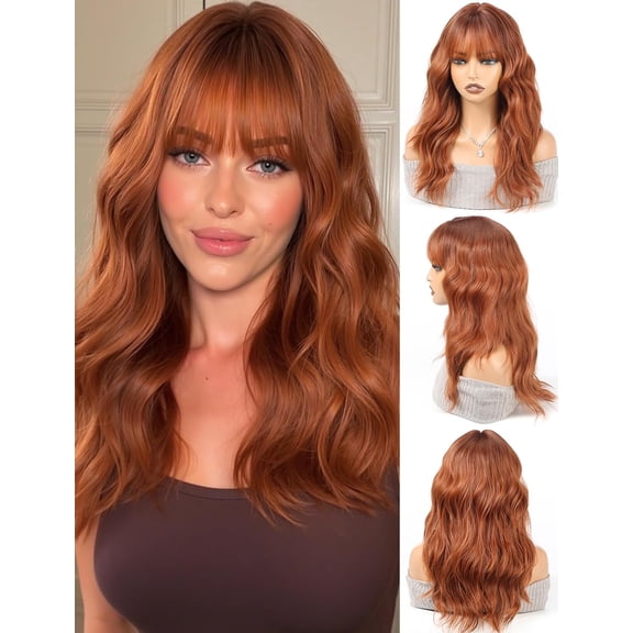 20 Inch Medium Long Curly Wig for Women Synthetic Layered Bob with Bangs Heat Resistant Wavy Glueless Wig Daily Wear,Auburn