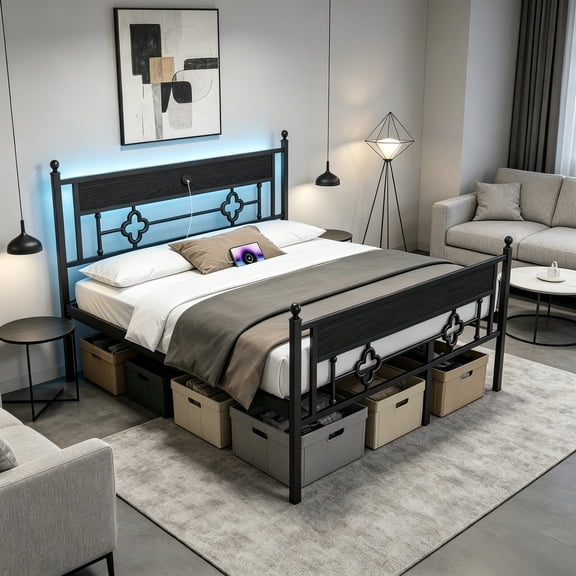 MARQUESSIA Full Bed Frame 20" Heavy-Duty Metal Platform Bed Frame with LED Lights and USB Charging Station Tall Headboard and Footboard No Box Spring Needed Balck