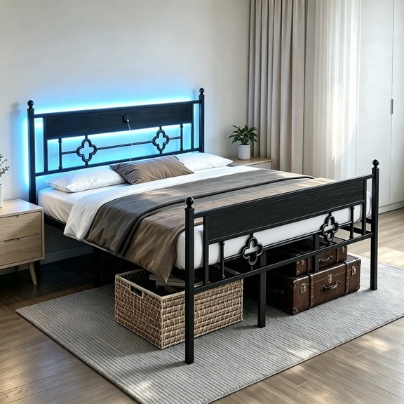 20 Inch Tall King Size Bed Frame with Headboard,Victorian Vintage Metal Bed Frame,LED & Charging Station,Under-Bed Storage Space,No Box Spring Needed,Noise Free