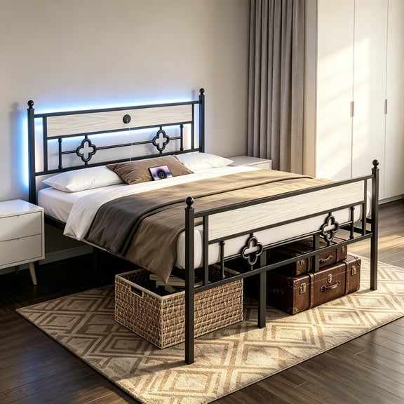 MARQUESSIA Tall Bed Frame with LED Lights Charging Station Victorian Vintage 20" Under Bed Storage Heavy Duty Metal Slats & Noise Free Beige