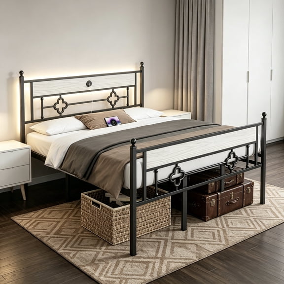 MARQUESSIA Tall Bed Frame with LED Lights Charging Station Victorian Vintage 20" Under Bed Storage Heavy Duty Metal Slats & Noise Free Beige