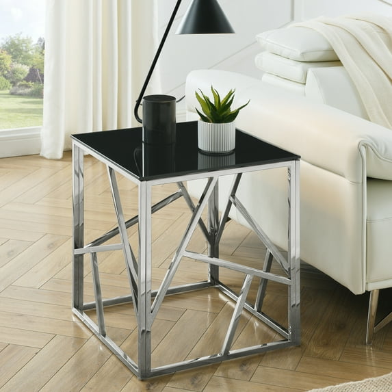 20 Inch Modern Geometric Metal Frame Glass Table, Accent For Living Room, Home Office, Bedroom - End