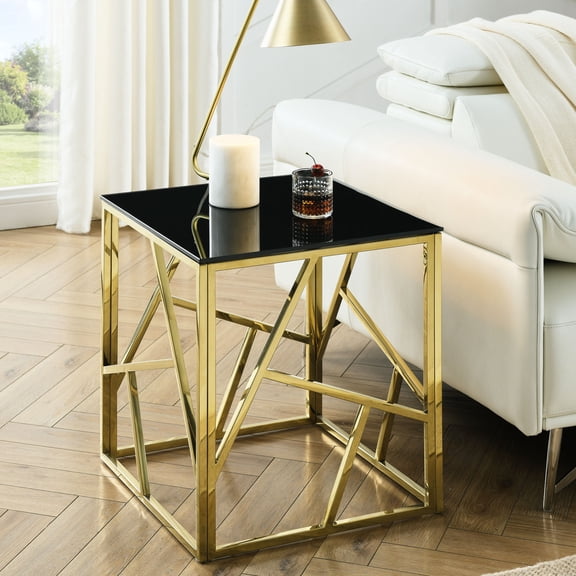 20 - Inch Modern Glass Bedroom Table | Serves as Nightstand | Polished Stainless Steel Geometric Frame | Offers a Stylish Look