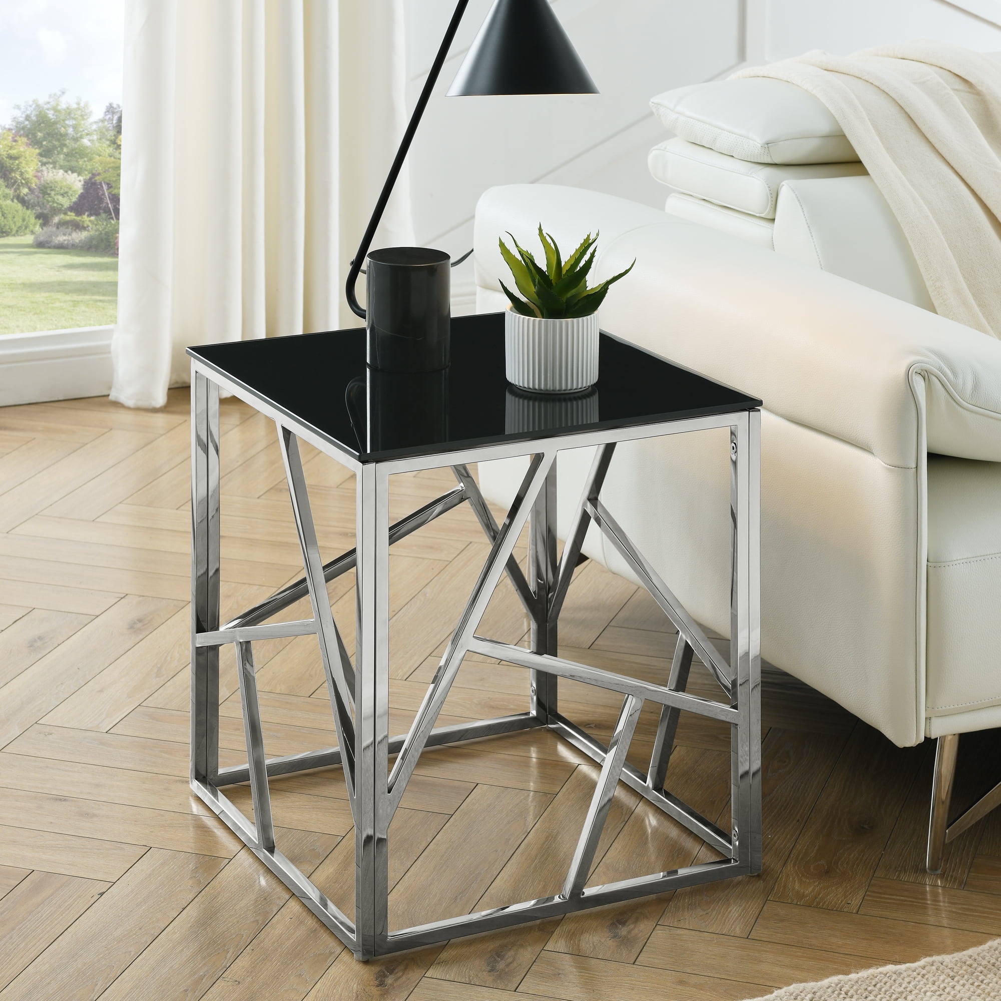 20" Chrome Geometric Metal Frame End Table with Black Glass Top