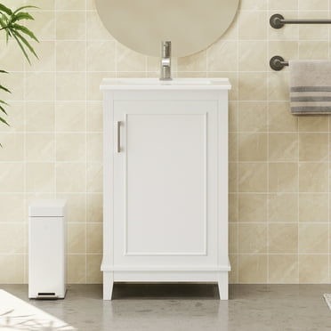20 Inch Modern Small Bathroom Vanity Cabinet with Ceramic Basin, Bathroom Vanity with Sink and Soft-Close Door, Single Vanity Cabinet with Basin and Ample Storage, White