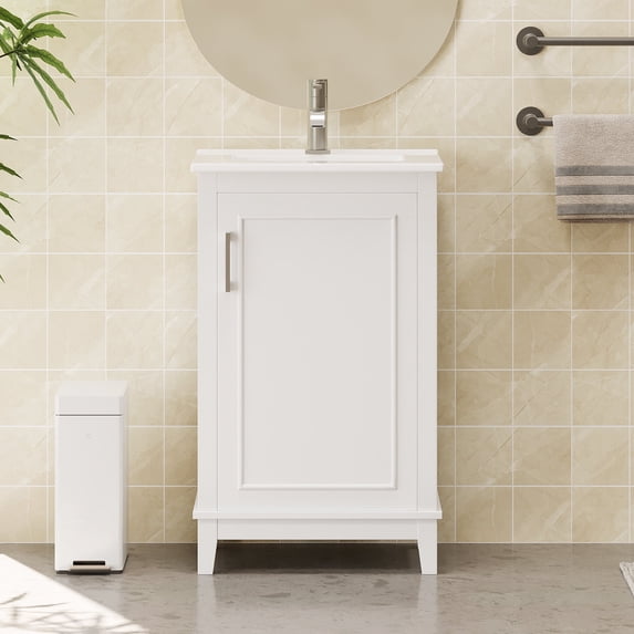 ENSHUI 20 Inch Modern Small Bathroom Vanity Cabinet With Ceramic Basin, Ample Storage, Soft-Close Door, White